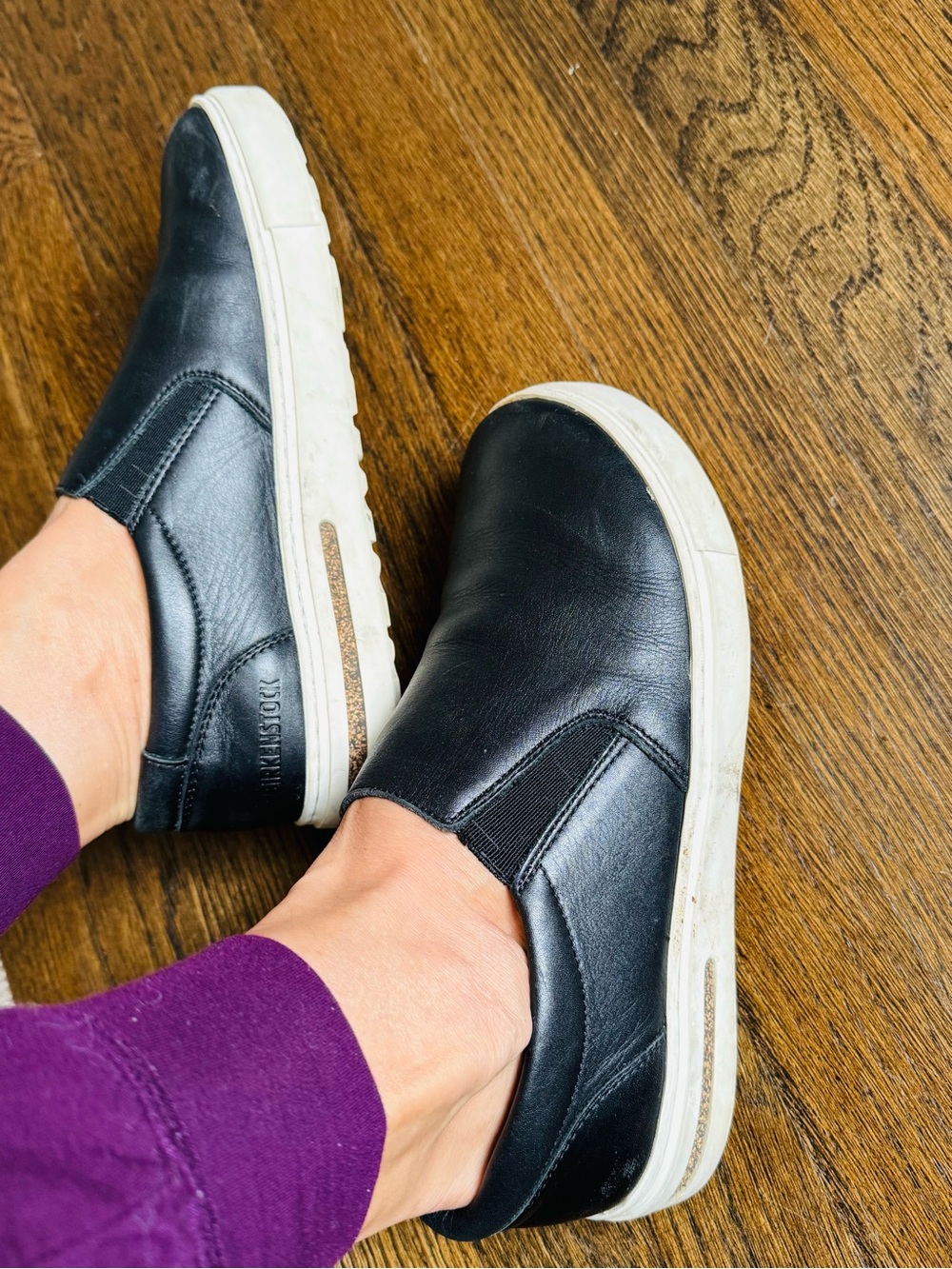 Birkenstock Black Slip-On Leather Loafers with White Sole